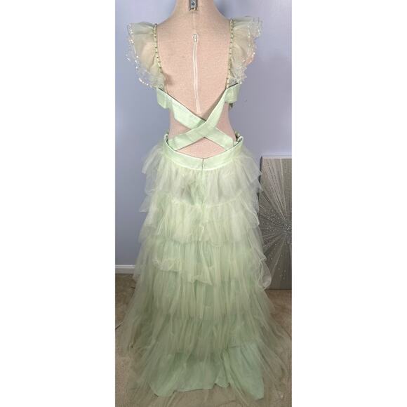 Mac Duggal Ruffle Tiered Tulle Cutout Mint Green Maxi Gown Size 12 - Picture 9 of 12